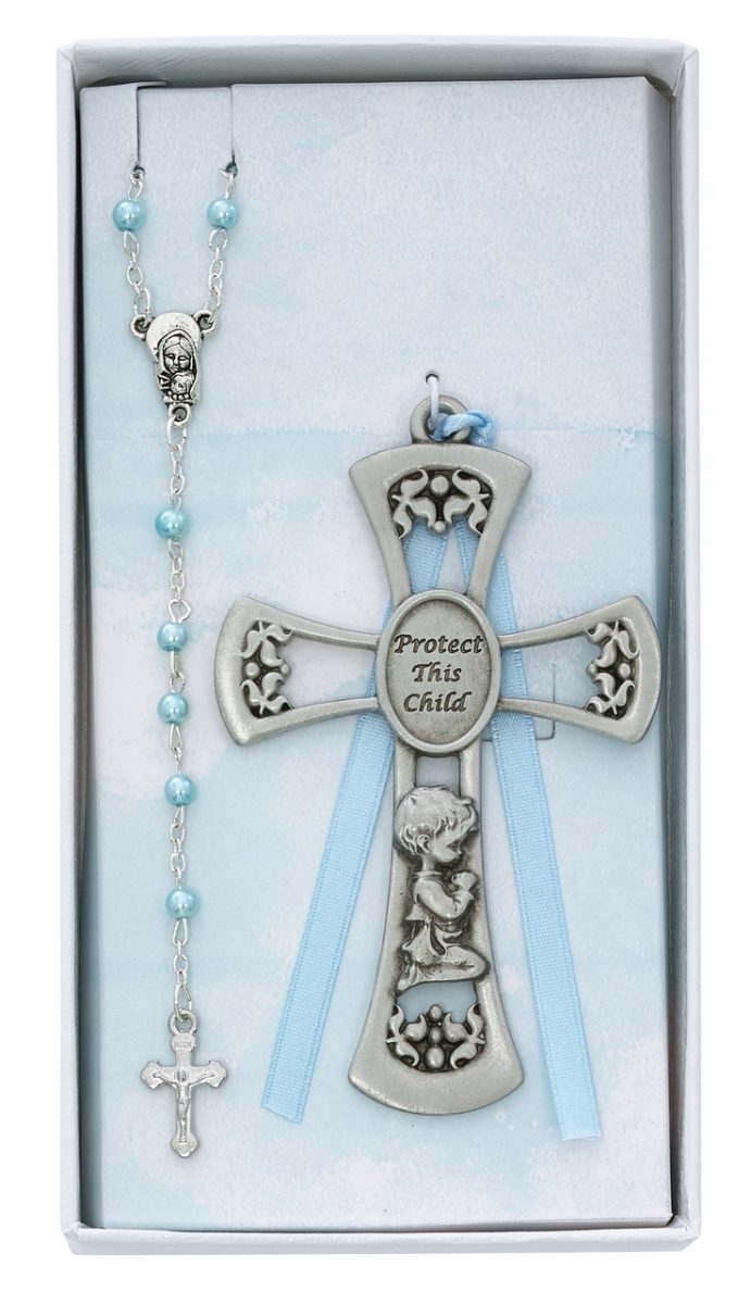 Picture of McVan BS11 3 mm Baby Boy Crib Cross & Rosary Set - Blue