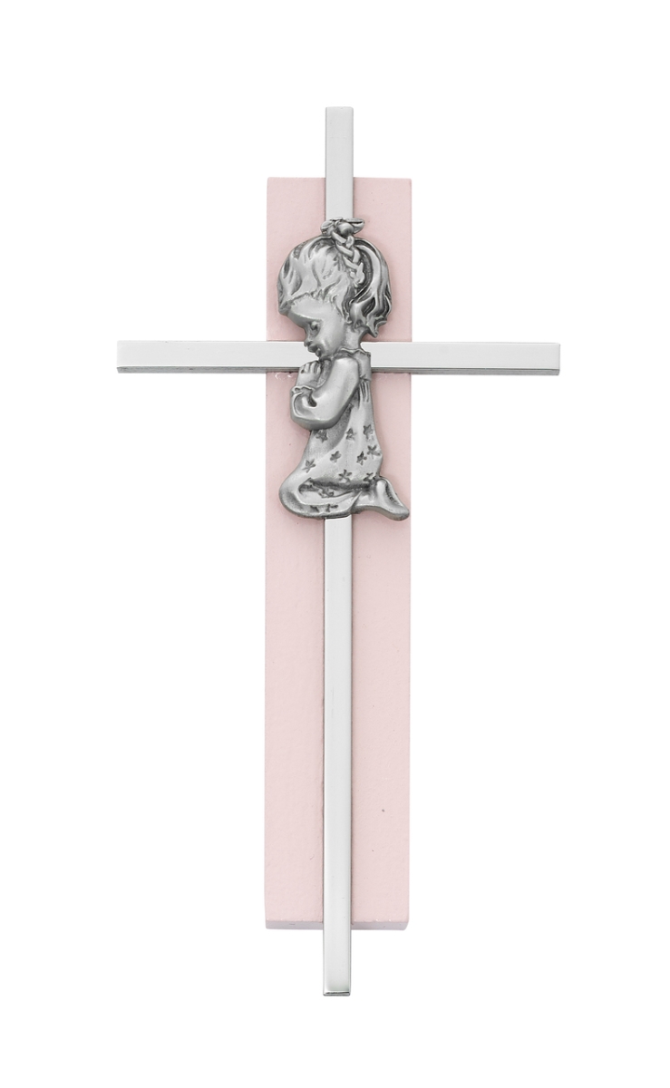 Picture of McVan 73-59 6 x 3 x 0.50 in. Wood Praying Girl on Silver Cross - Pink