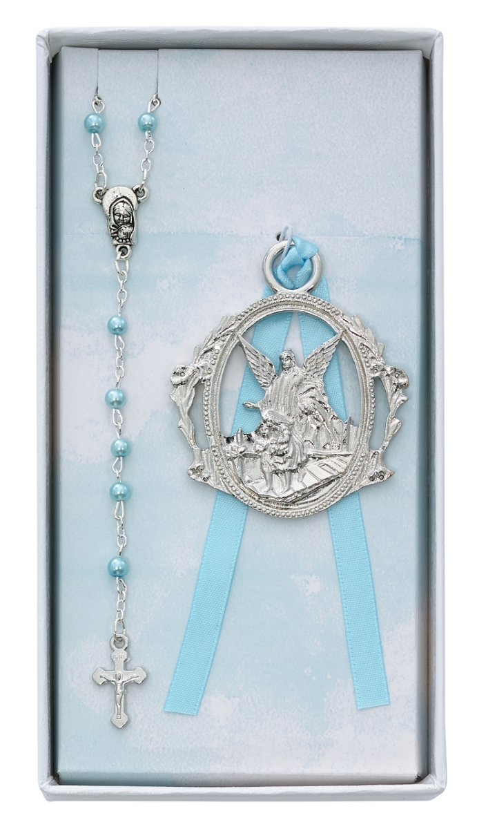 3 mm Angel Crib Medal & Rosary Set - Blue