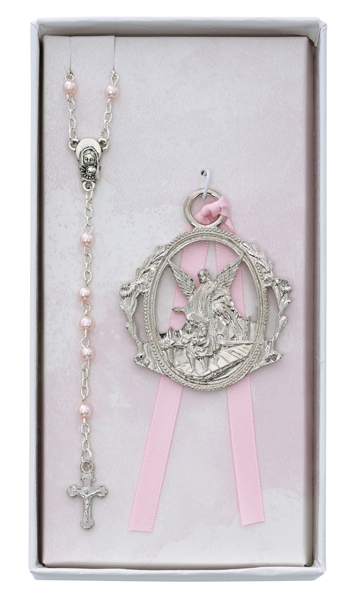 BS17 3 mm Angel Crib Medal & Rosary Set - Pink