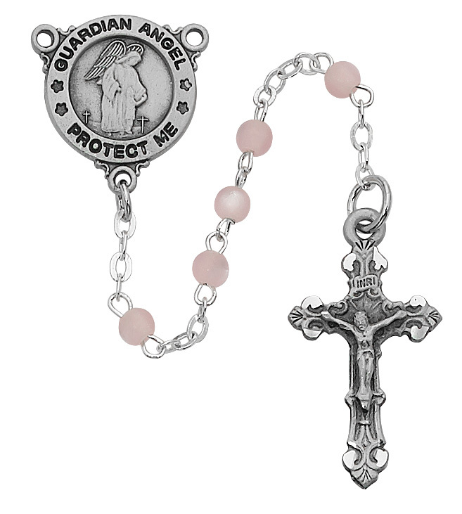 Picture of McVan R367DG 3 mm Guardian Angel Youth Cross Rosary Set - Pink