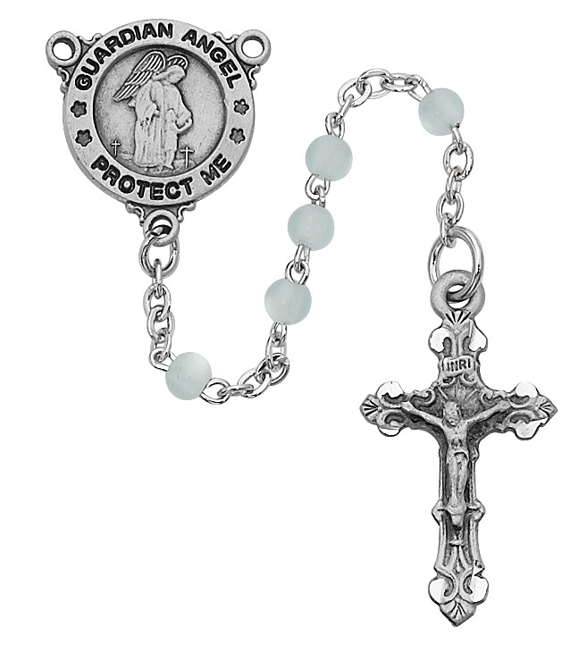 Picture of McVan R368DG 3 mm Guardian Angel Youth Cross Rosary Set - Blue