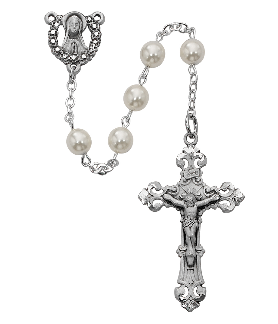 Picture of McVan R274RF 6 mm Pearl Like Glass Cross Rosary Set - White