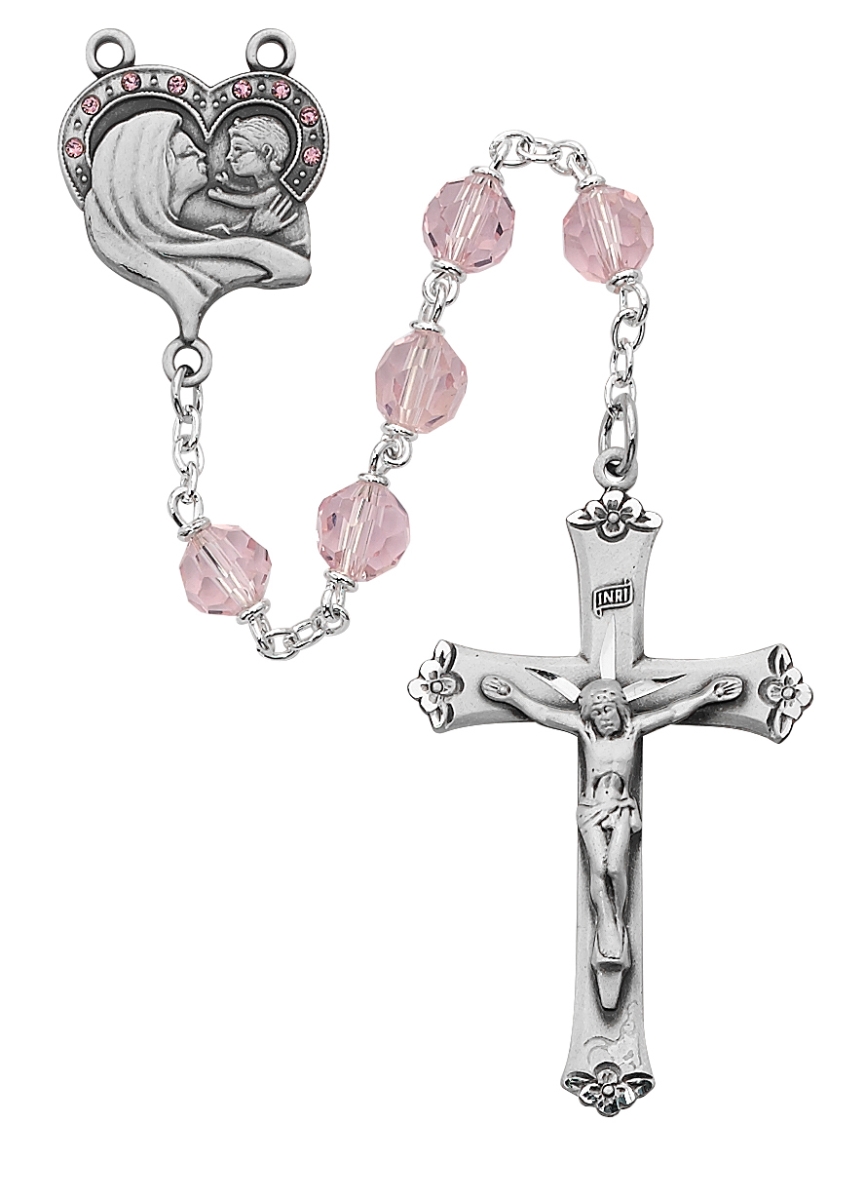 Picture of McVan R399DF 7 mm Mother & Child Crystal Croos Rosary Set - Pink