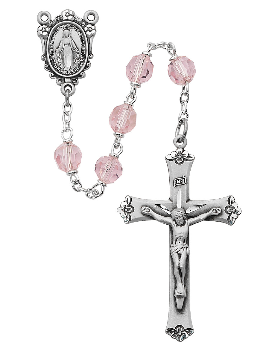 Picture of McVan R406DF 7 mm Tin Cut Crystal Croos Rosary Set - Pink