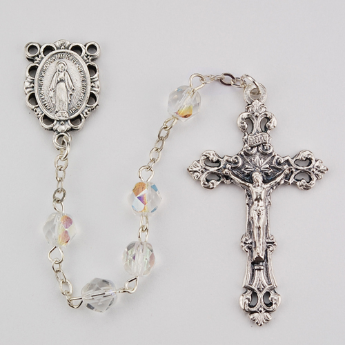 Picture of McVan R391-CRG 6 mm Aurora Glass April Cross Rosary Set - Clear