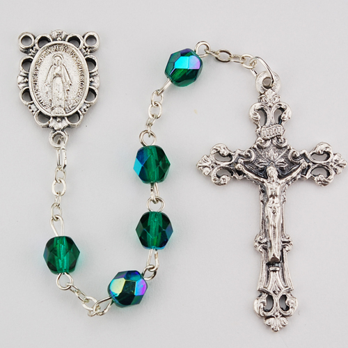 Picture of McVan R391-EMG 6 mm Glass May Cross Rosary Set - Dark Green
