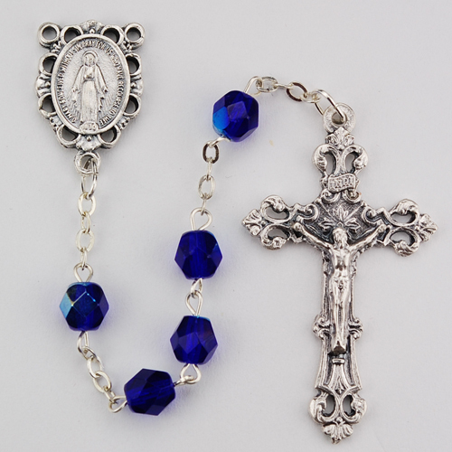 R391-BLG 6 mm Glass September Cross Rosary Set - Dark Blue