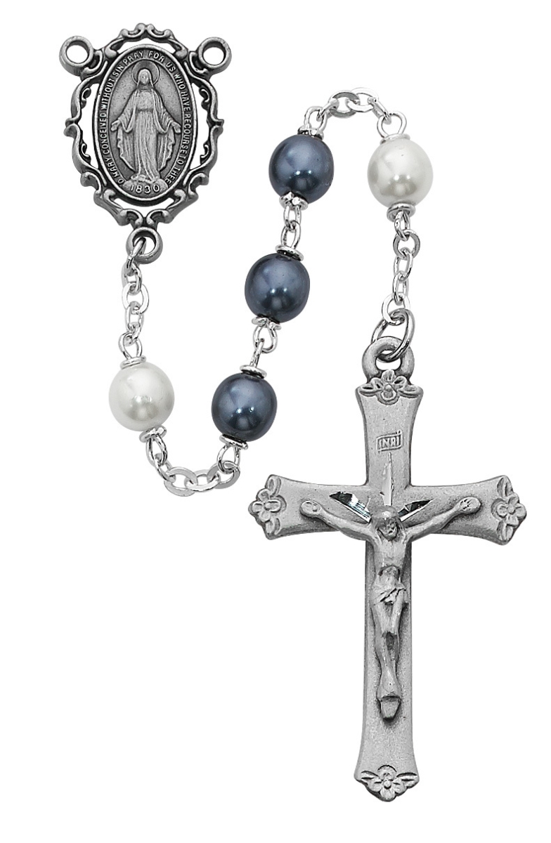 R418DF 7 mm Pearl Like Cross Rosary Set - Blue & White