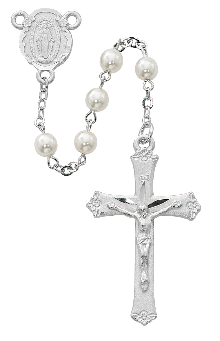 Picture of McVan R439RF 6 mm Pearl Like Glass Cross Rosary Set - White