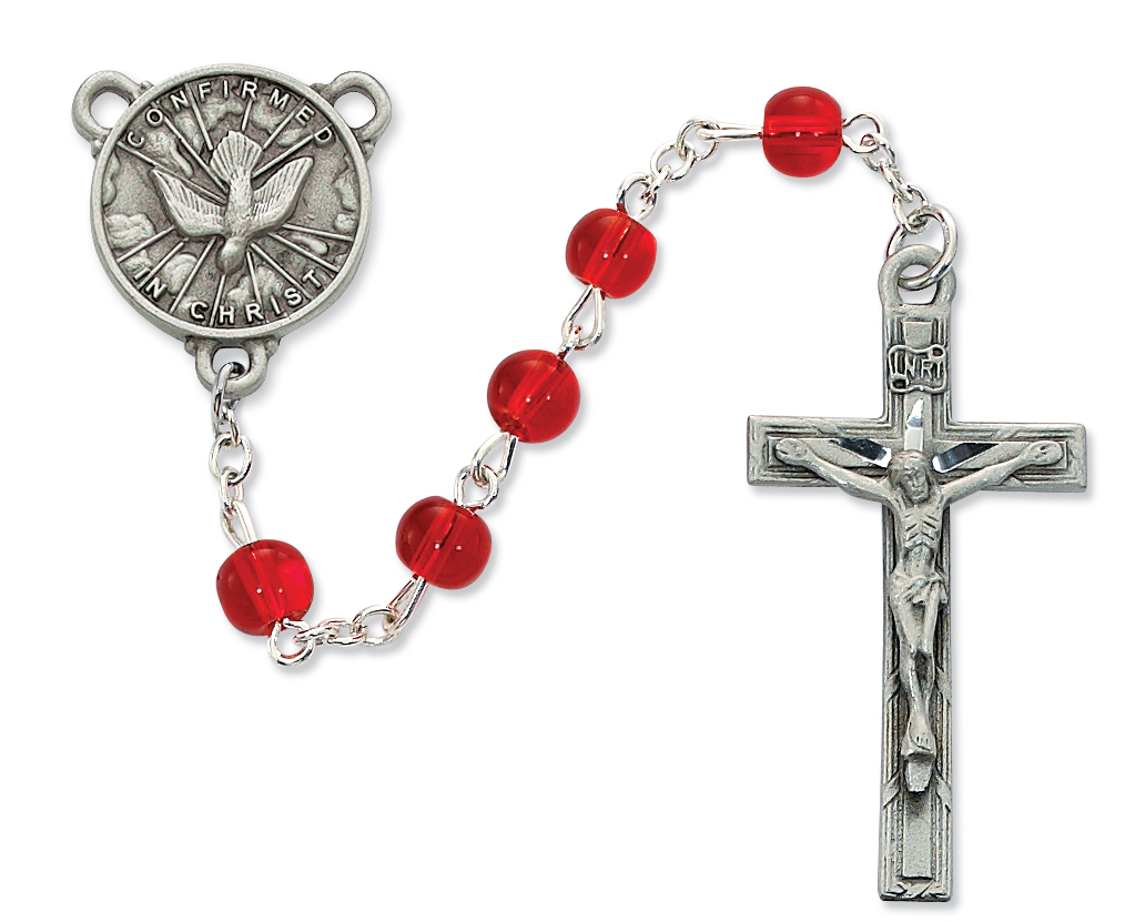Picture of McVan R440DF 6 mm Glass Holy Spirit Cross Rosary Set - Red