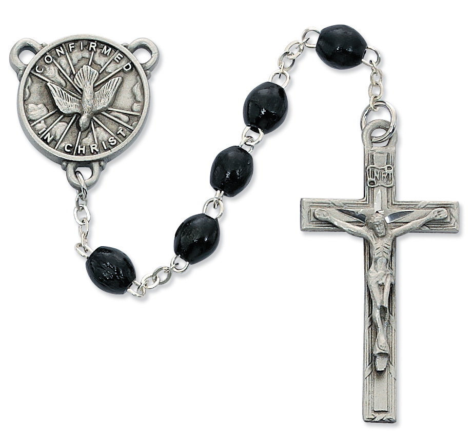 Picture of McVan R447DF 4 x 6 mm Wood Holy Spirit Cross Rosary Set - Black