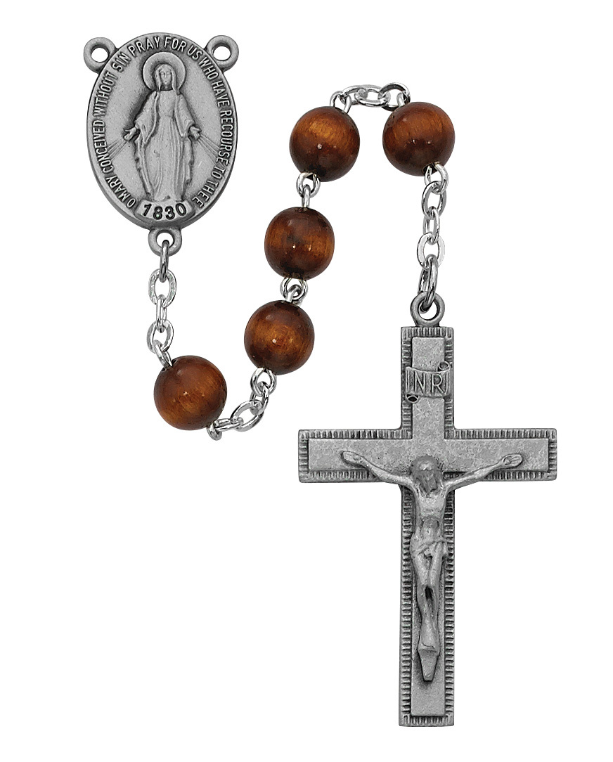 Picture of McVan R435F 7 mm Round Wood Cross Rosary Set - Brown