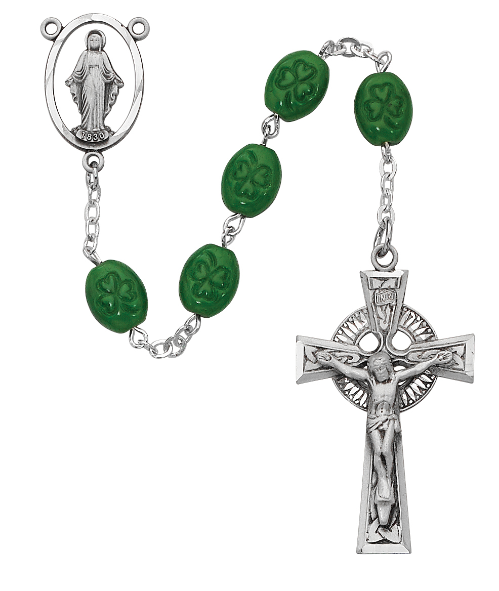 Picture of McVan 120D-F 6 x 8 mm Oval Irish Cross & Rosary Set - Green & Shamrock