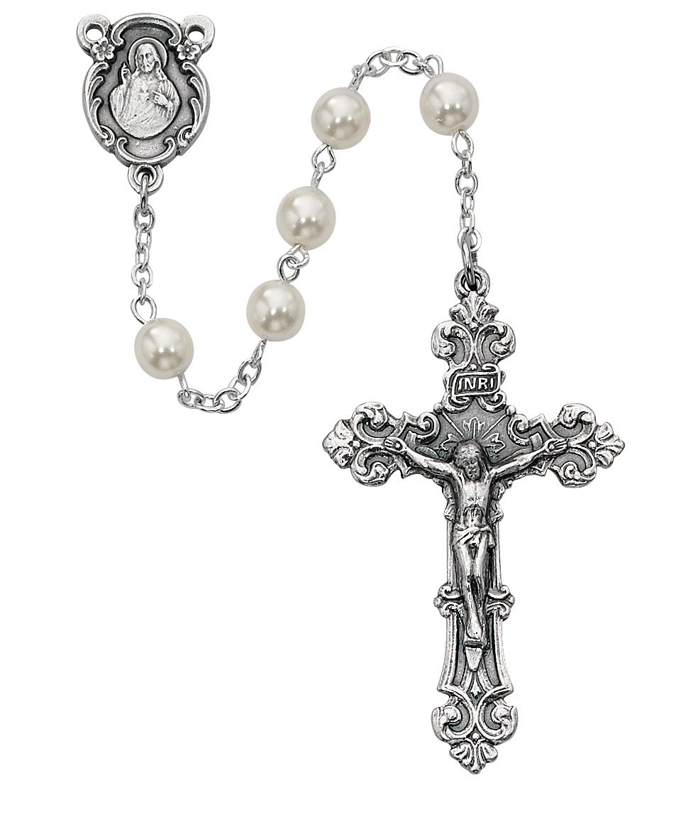Picture of McVan 131DF 6 mm Pearl Like Glass Cross & Rosary Set - White