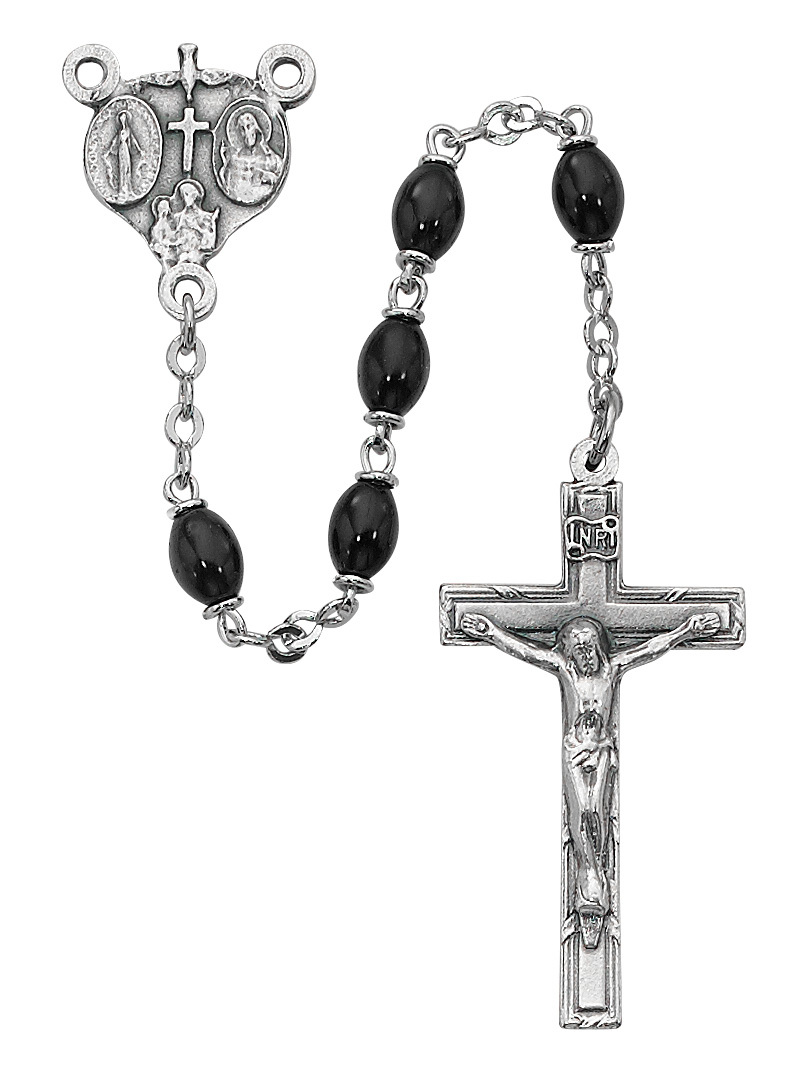 Picture of McVan 136DF 4 x 6 mm Glass Oval Cross Rosary Set - Black