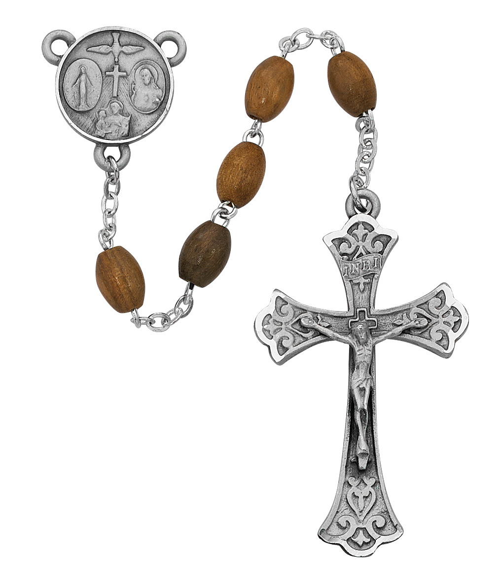 Picture of McVan 172DF 5 x 7 mm Oval Olive Wood Cross Rosary Set - Brown