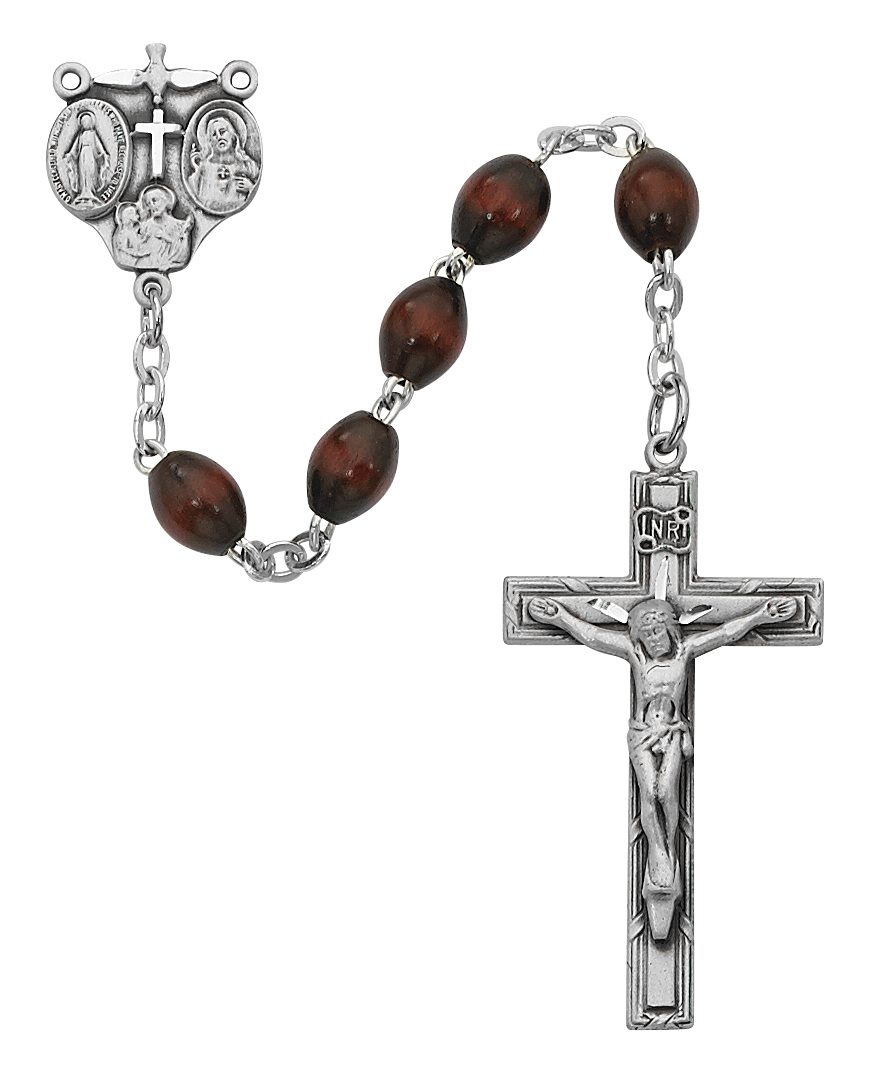 Picture of McVan R376SF 4 x 6 mm Oval Wood Cross Rosary Set - Brown