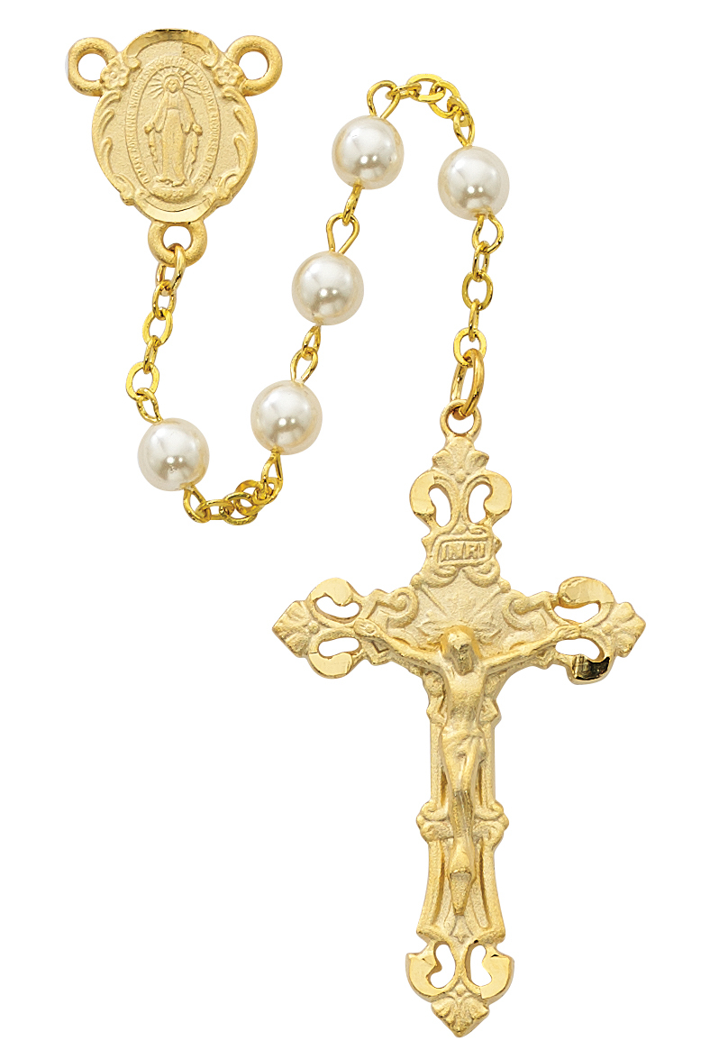 Picture of McVan R491HF 6 mm Pearl Like Glass Cross & Rosary Set - White