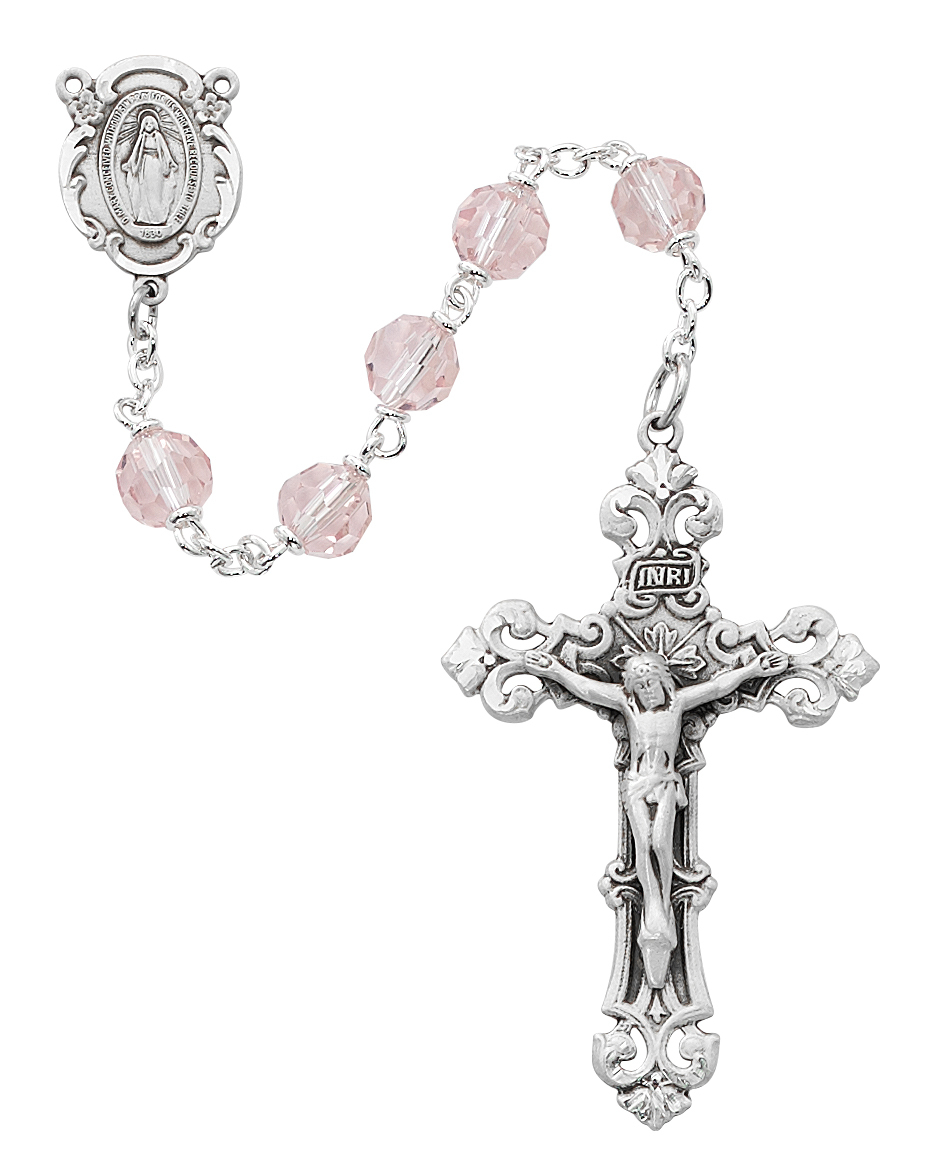 Picture of McVan R479RF 7 mm Crystal Cross Rosary Set - Pink