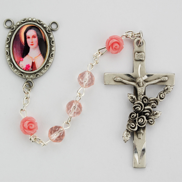 Picture of McVan R497DF 6 mm Glass Therese Cross Rosary Set - Pink