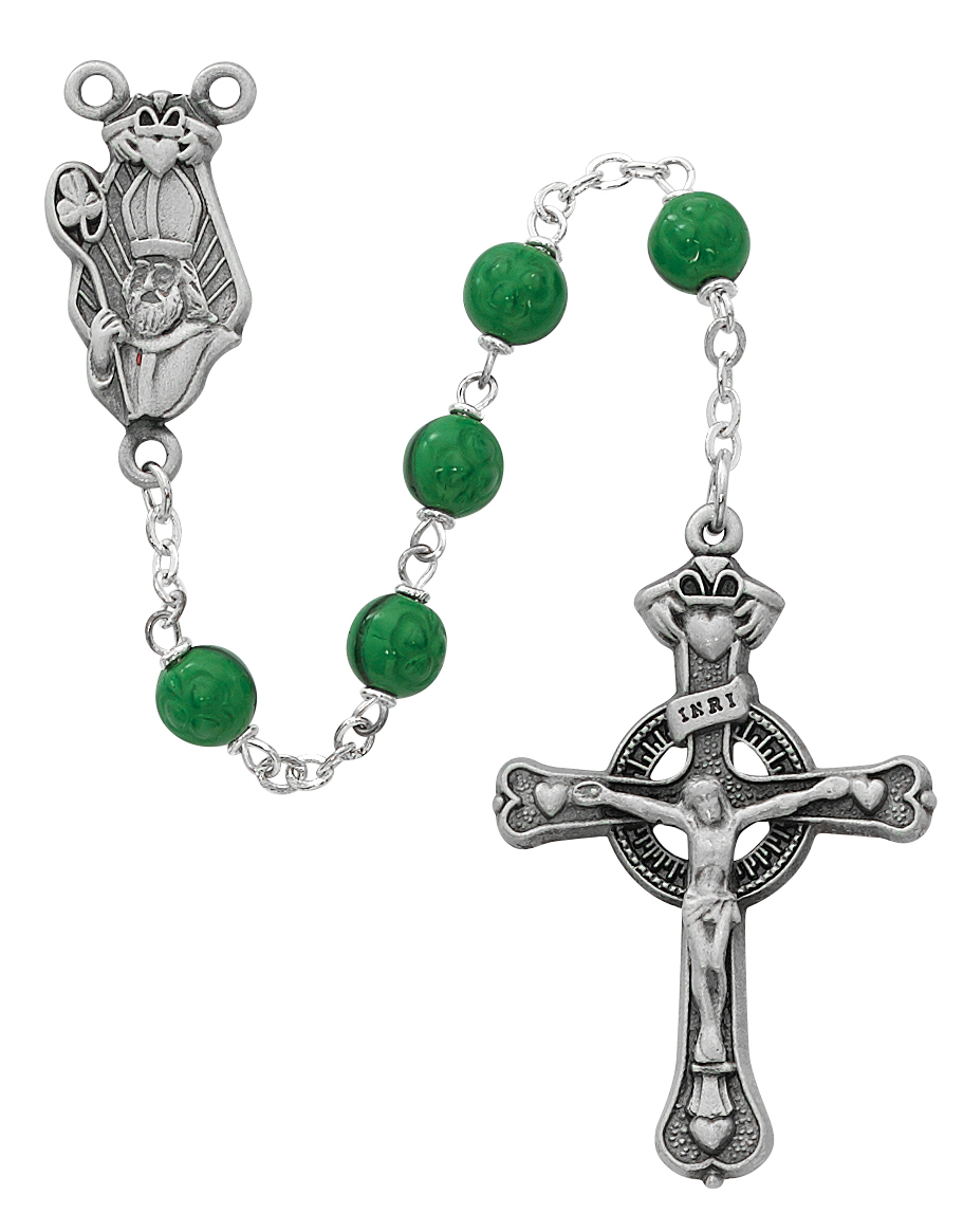 Picture of McVan 993DF 7 mm Glass St.Patrick Cross Rosary Set - Green