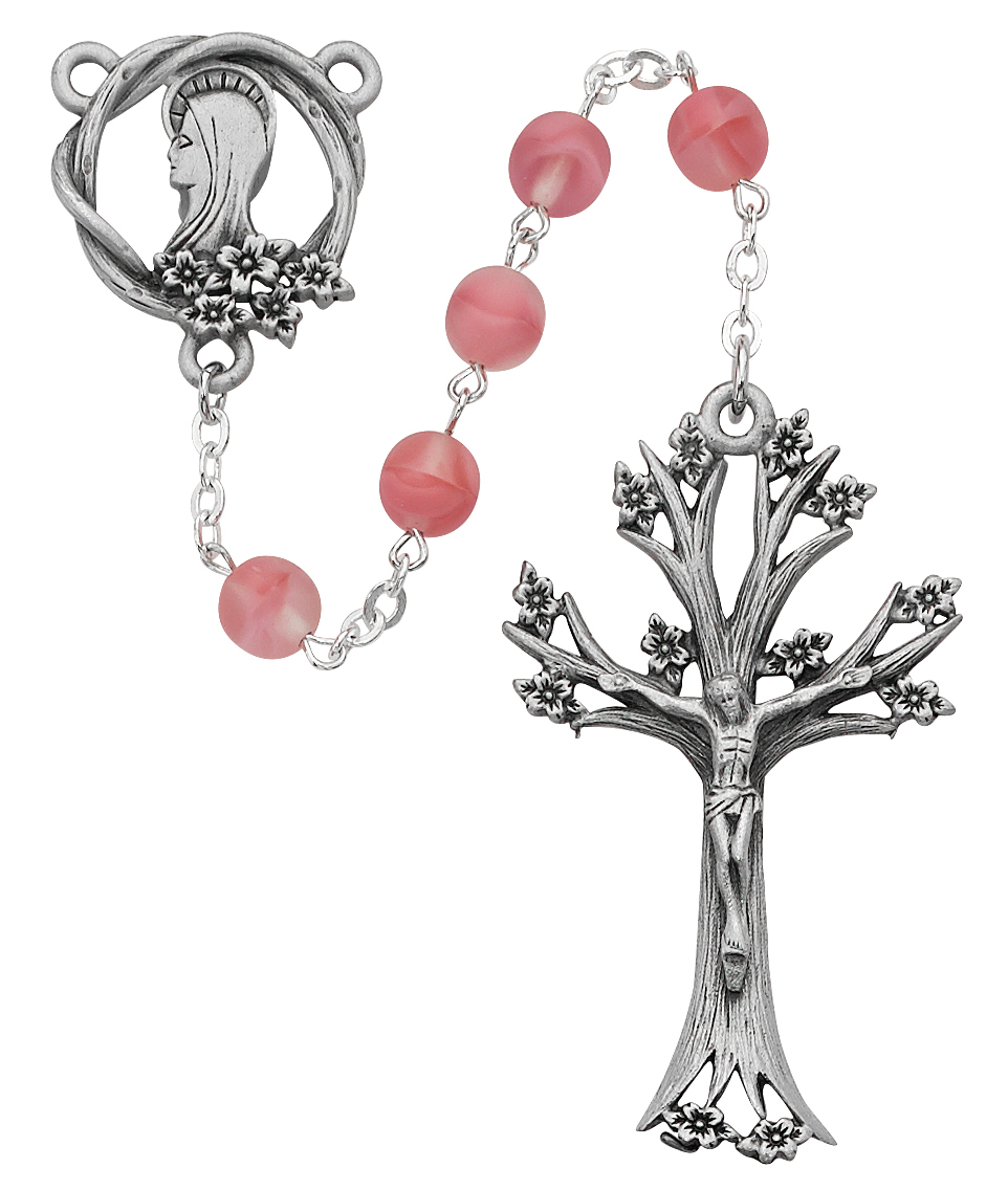 Picture of McVan 995DF 7 mm Glass Dogwood Cross Rosary Set - Pink