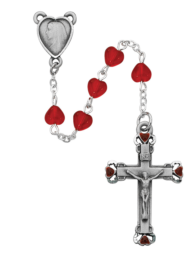 Picture of McVan 822D-RUEF 6 x 6 mm Heart Glass Cross Rosary Set - Red