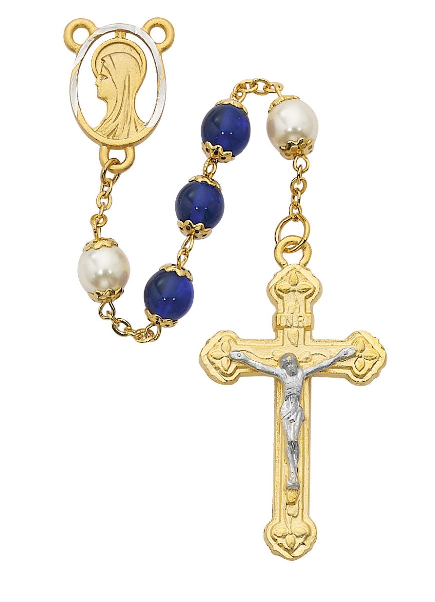 Picture of McVan 450HF 8 mm Pearl Like Glass Cross Rosary Set - Blue & White