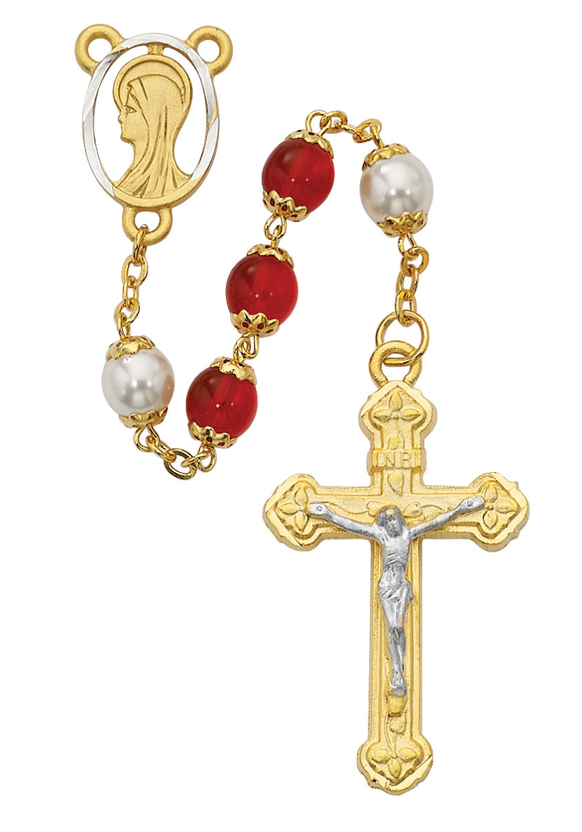 Picture of McVan 452HF 8 mm Pearl Like Glass Cross Rosary Set - Red & White