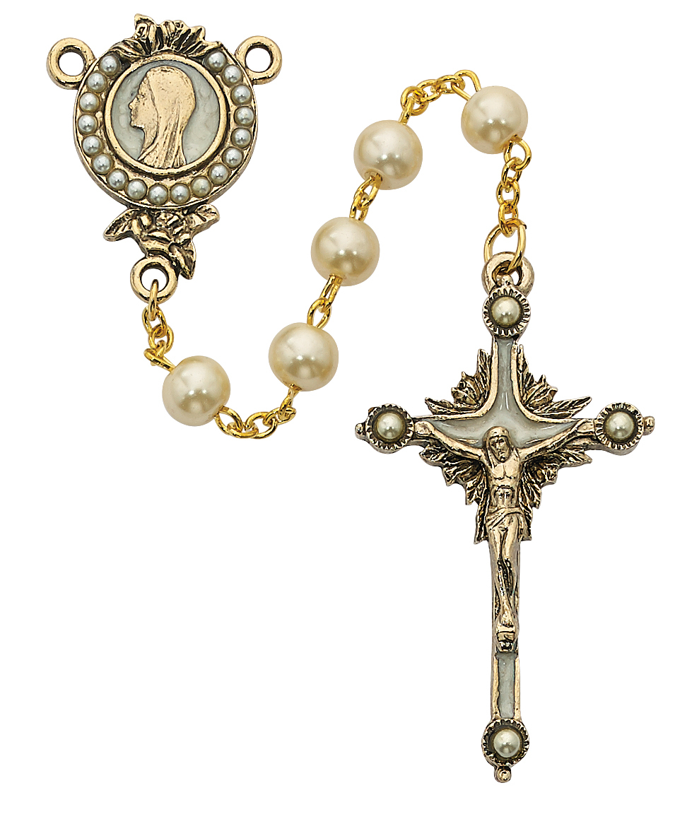 Picture of McVan 454HF 7 mm Imitation Pearls of Mary Cross Rosary Set - Cream