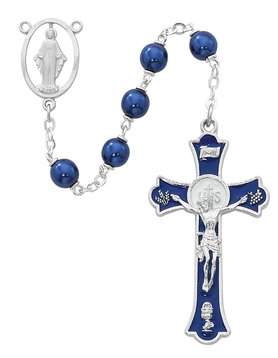 Picture of McVan R556RF 7 mm Pearl Holy Mass Crucifix Cross Rosary Set - Blue