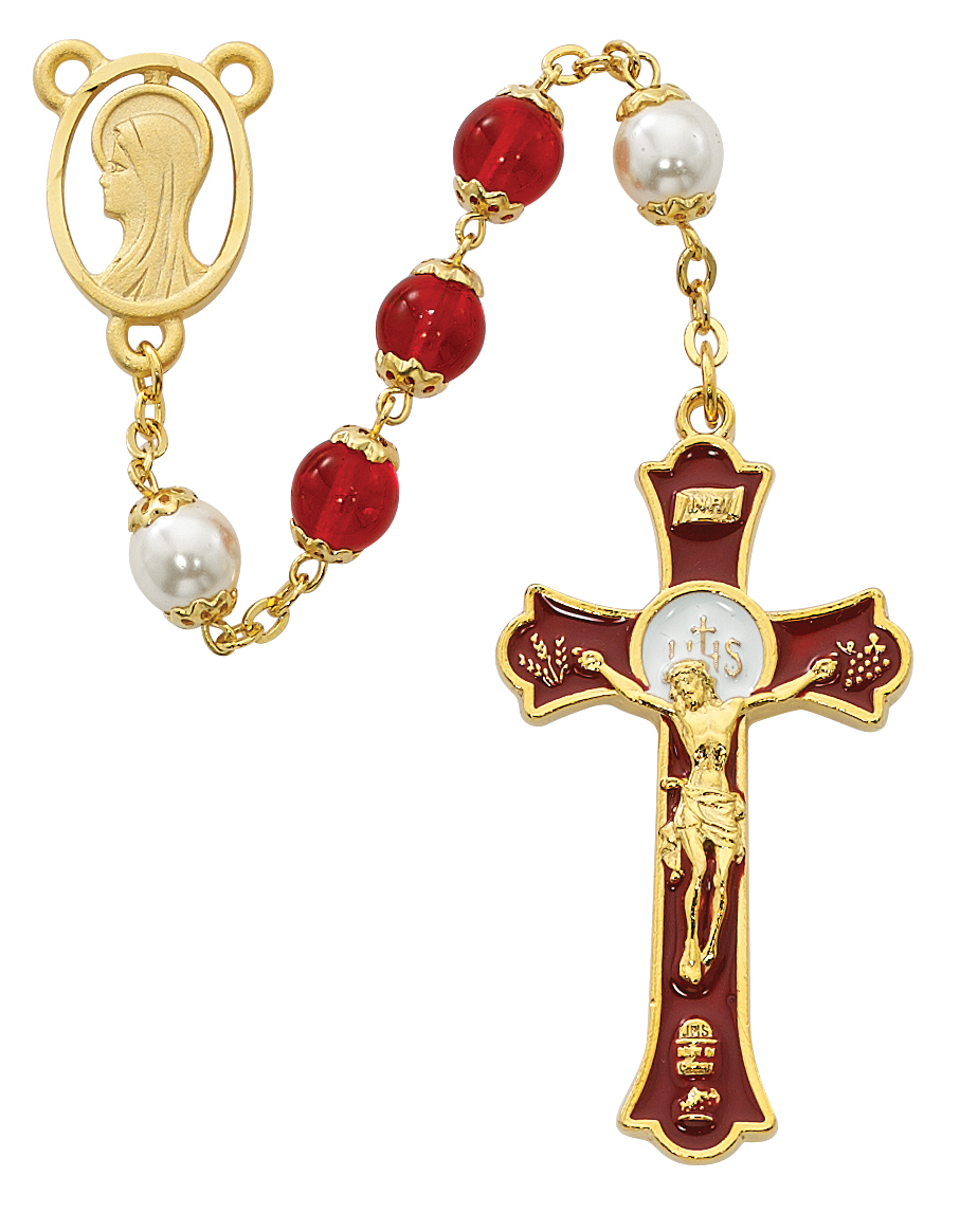 Picture of McVan R557HF 8 mm Holy Mass Crucifix Cross Rosary Set - Red & White