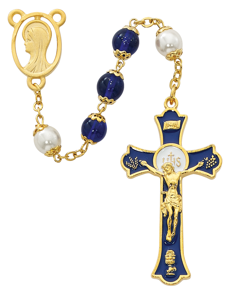 Picture of McVan R558HF 8 mm Blue Holy Mass Crucifix Cross Rosary Set - Blue & White