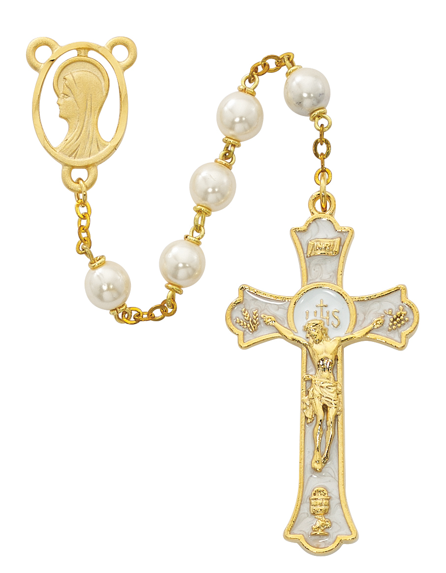 Picture of McVan R563HF 7 mm Pearl Like Holy Mass Crucifix Cross Rosary Set - White