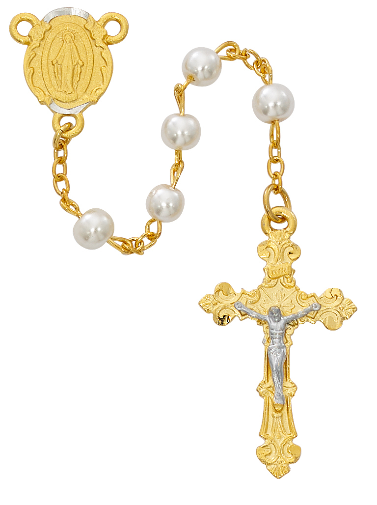 Picture of McVan R672HF 6 mm Gold Plated Pearl Glass Cross Rosary Set - White