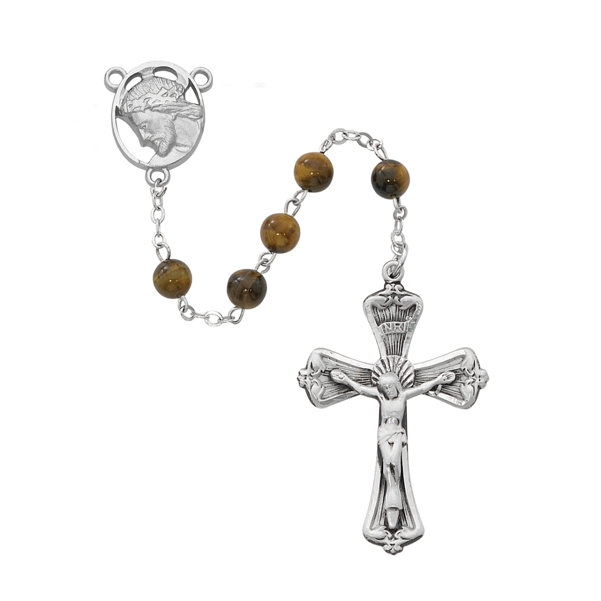 Picture of McVan R754F 6 mm Tiger Eye Head of Christ Cross Rosary Set - Brown