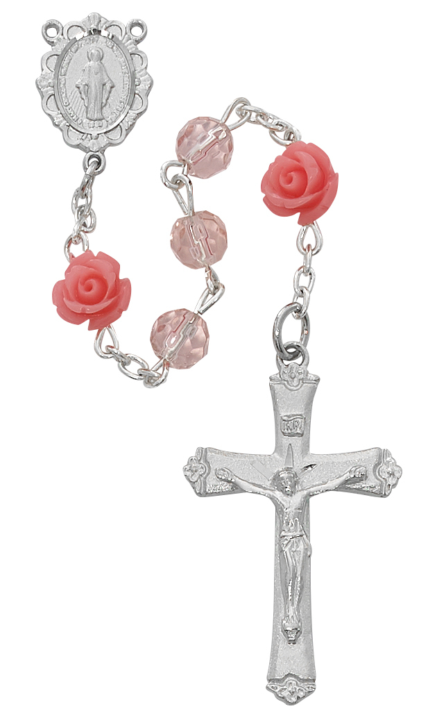 Picture of McVan R585RF 6 mm Roses Glass Cross Rosary Set - Pink