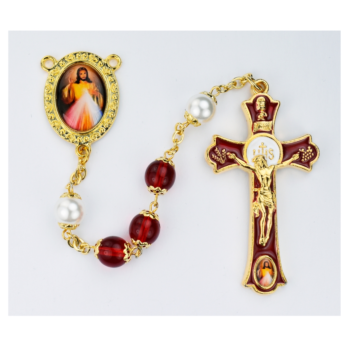Picture of McVan R780HF 8 mm Divine Mercy Decal Mass Cross Rosary Set - Red