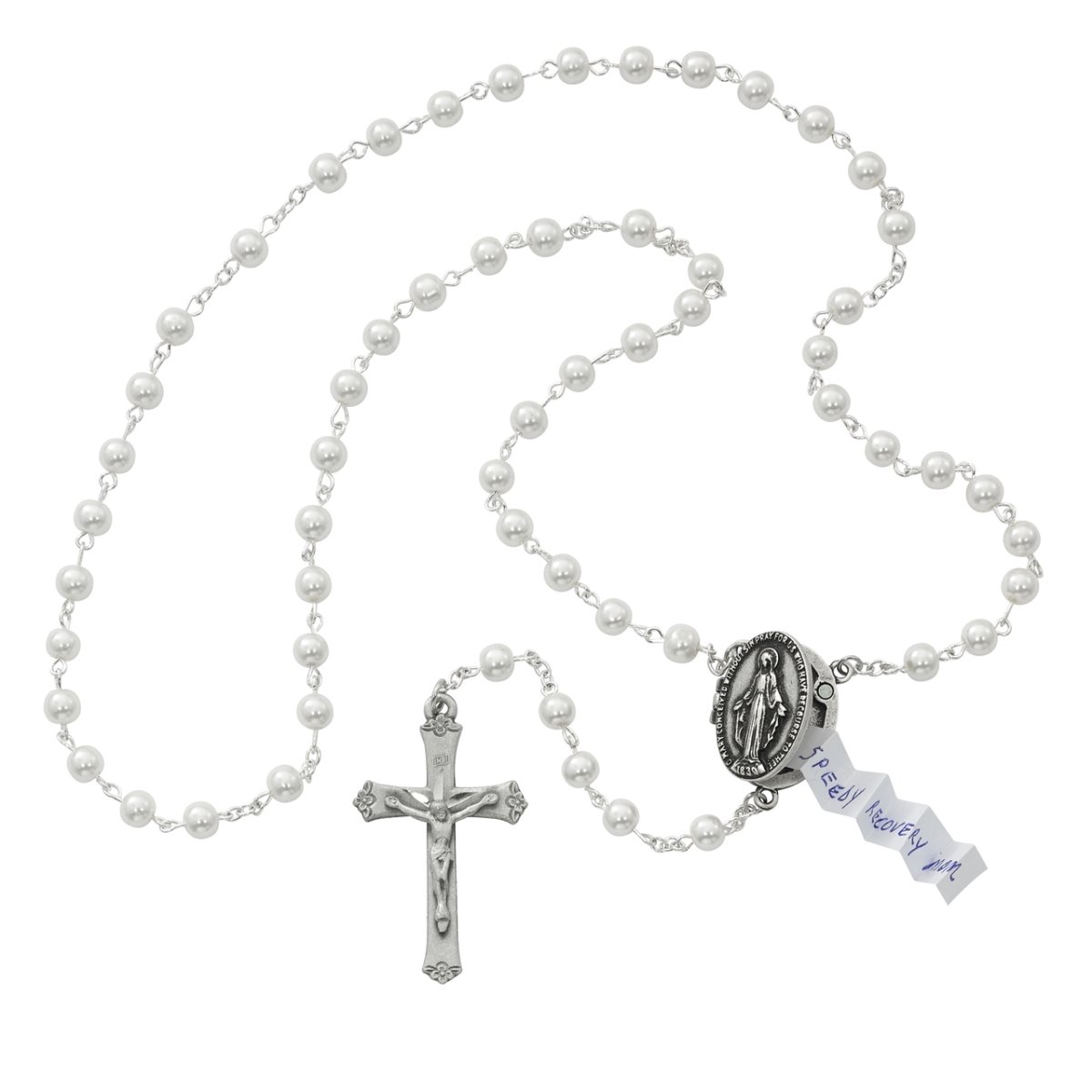 Picture of McVan R589DF 6 mm Pearl Prayer Petition Locket Cross Rosary Set - Cream