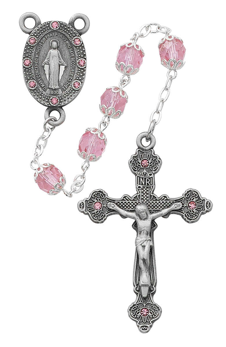 Picture of McVan R606DF 7 mm Capped Glass Cross Rosary Set - Pink