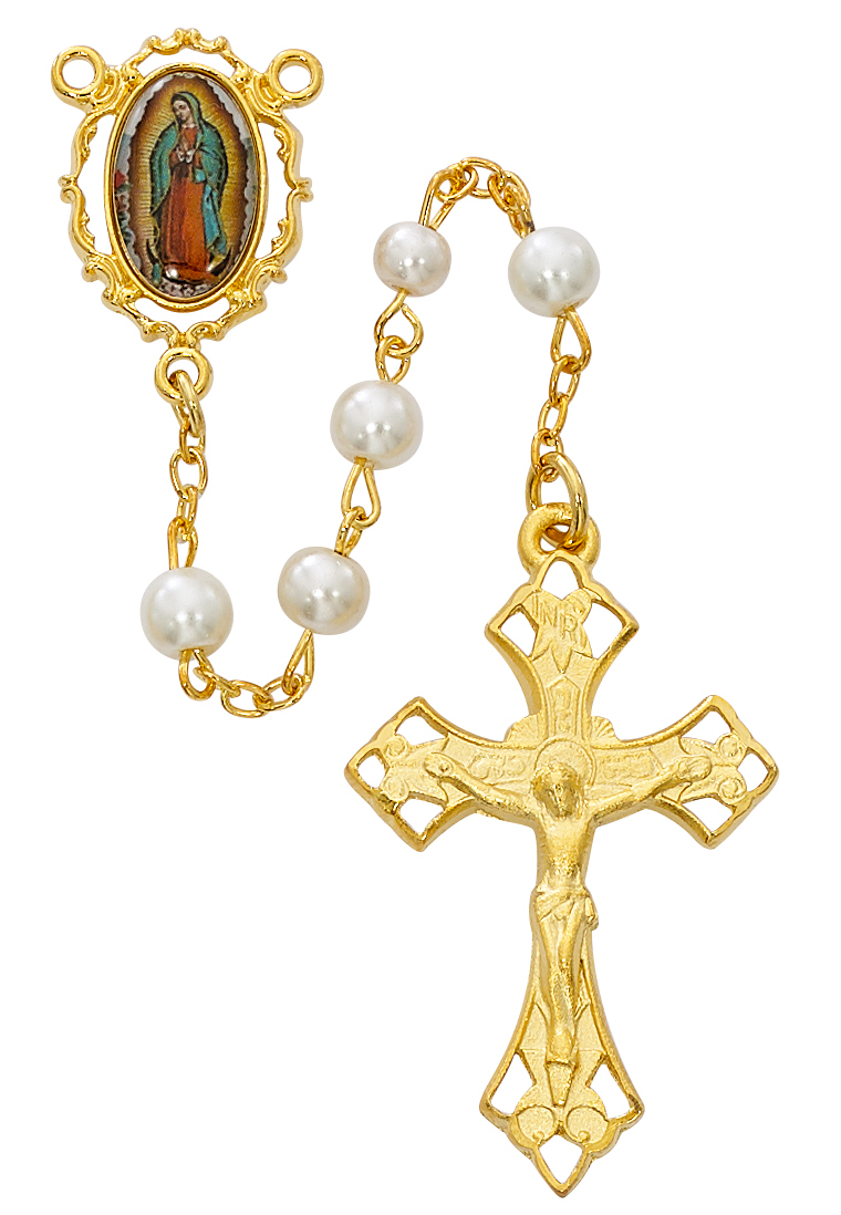 Picture of McVan R596HF 7 mm Pearl Like Glass Guadalupe Cross Rosary Set - White