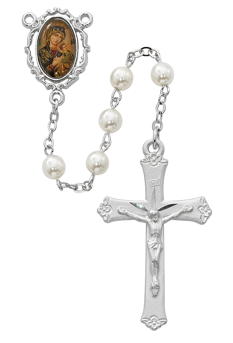 Picture of McVan R598RF 6 mm Pearl Like Glass Perpetual Help Cross Rosary Set - White