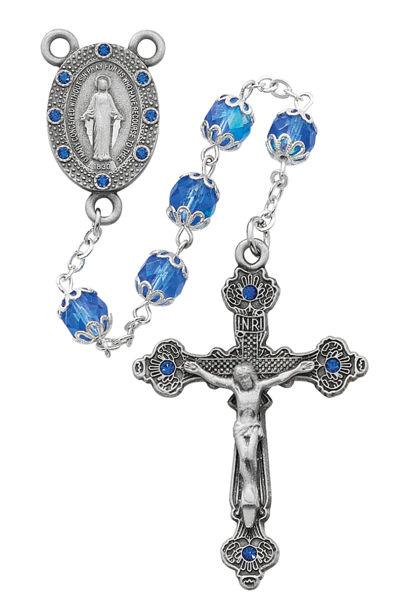 Picture of McVan R607DF 7 mm Capped Glass Cross Rosary Set - Blue