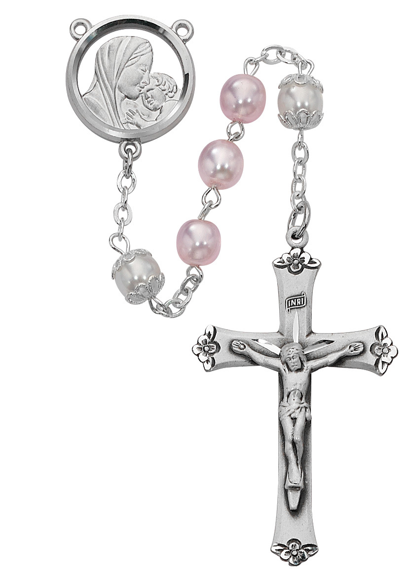 Picture of McVan 592RF 7 mm Mother & Child Cross Rosary Set - Pink & White