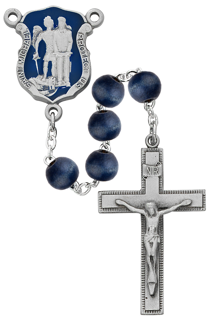 Picture of McVan R640DF 8 mm Wood St Michael Badge Cross Rosary Set - Blue