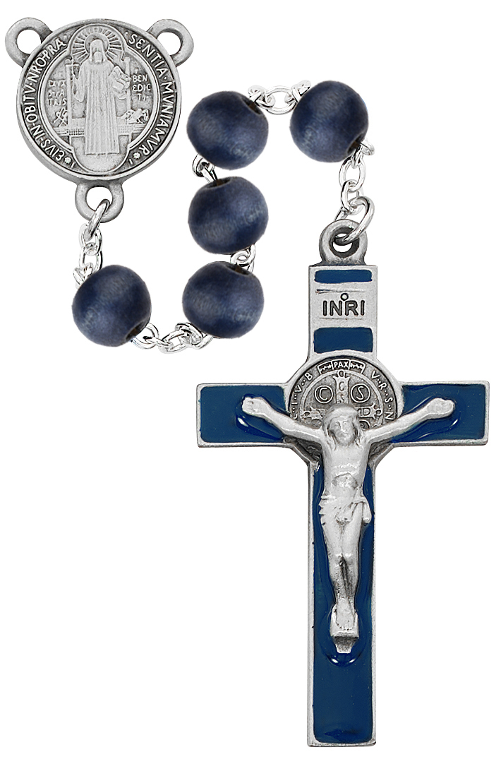 Picture of McVan R669DF 8 mm Wood St Benedict Cross Rosary Set - Blue