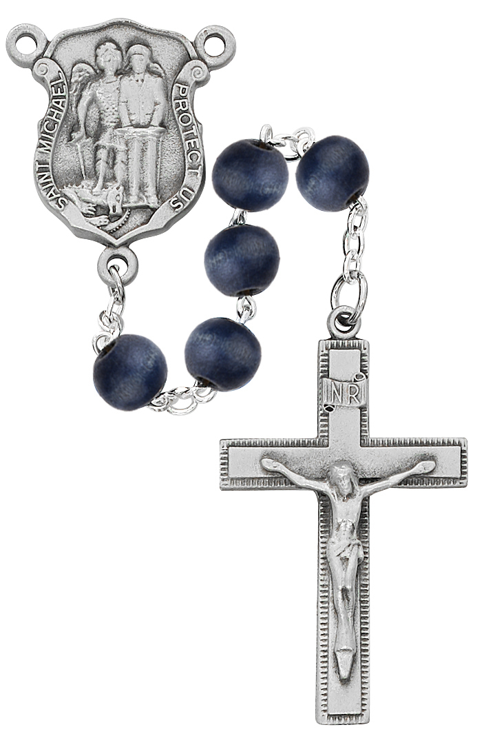 Picture of McVan R685DF 8 mm Wood with Michael Police Cross Rosary Set - Blue