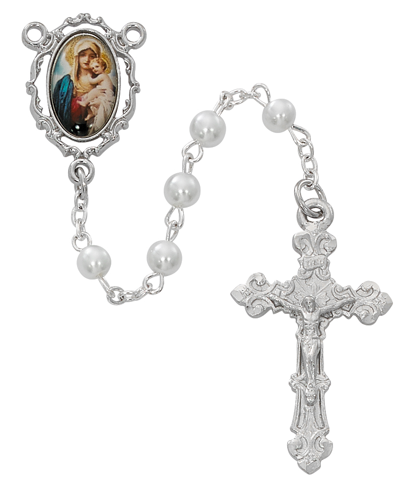 Picture of McVan R688RF 5 mm Mother & Child Decal Cross Rosary Set - White