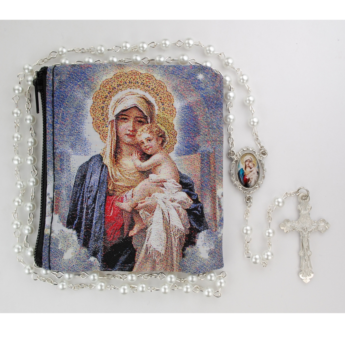 Picture of McVan R688RP 5 mm Mother & Child Cross Rosary Set in Mother Child Pouch - White